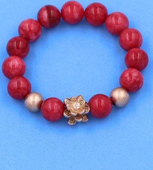 Vòng đeo tay Đá Hồng Ngọc 12 ly - Vòng tay Hoa Sen vàng hồng VHNHSHBH12 - hợp mệnh Hỏa, mệnh Thổ