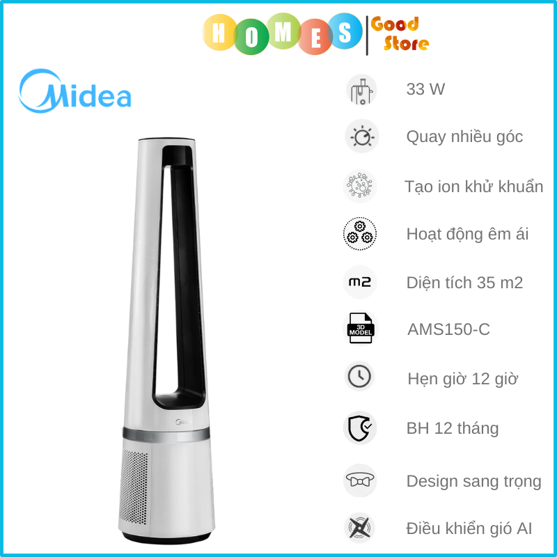 Quạt Không Cánh Làm Mát Bằng Hơi Nước Midea AMS150-C Nhận Diện Điều Khiển Gió AI Tự Động Độ Gió, Lọc Ion Khử Trùng SPI Và Làm Sạch Không Khí, Góc Quay 120 Độ, Kết Nối App - Hàng Nhập Khẩu