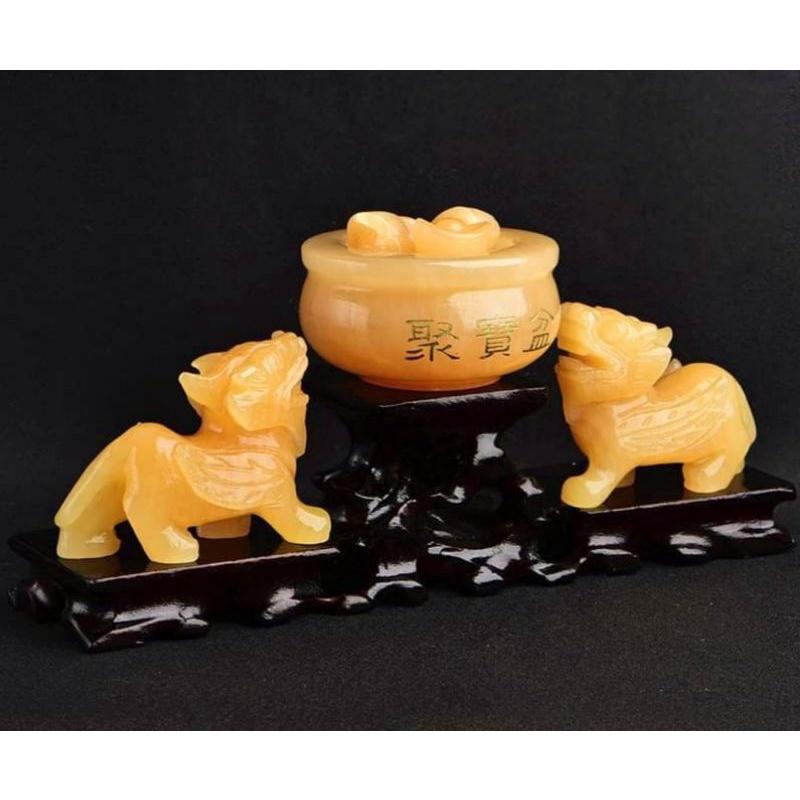 Bộ Tỳ Hưu 10cm + Bát tụ bảo 10cm + đế gỗ Đá ngọc Hoàng Long