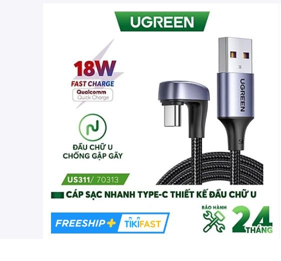 Cáp USB type C sạc nhanh đầu bọc nhôm chống nhiễu US311 ugreen 70313 1m 1M bẻ chữ U - hàng chính hãng