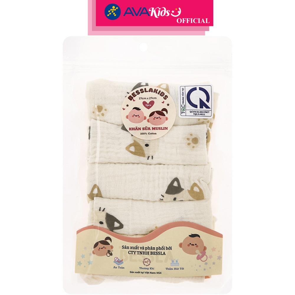 Set 5 cái khăn sữa cotton Bessla 2 lớp 27x27 cm - Mèo hai màu - Hàng Chính Hãng