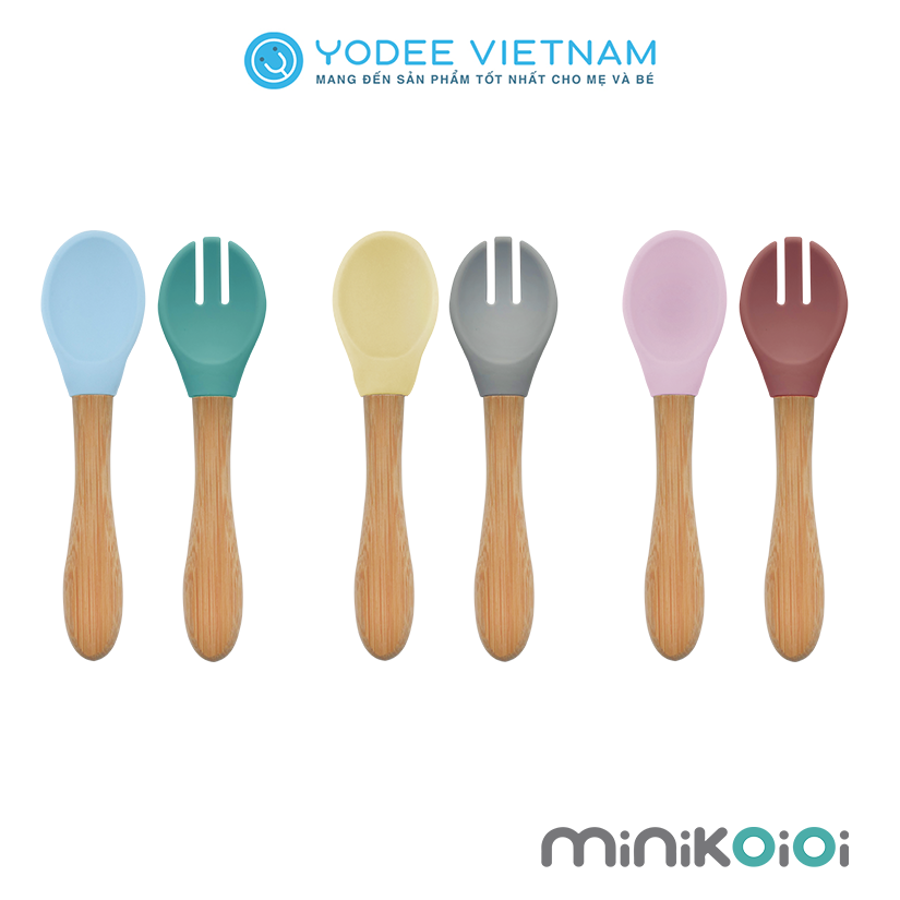 MinikOiOi Bộ muỗng nĩa silicone tay cầm bằng gỗ tre cho bé