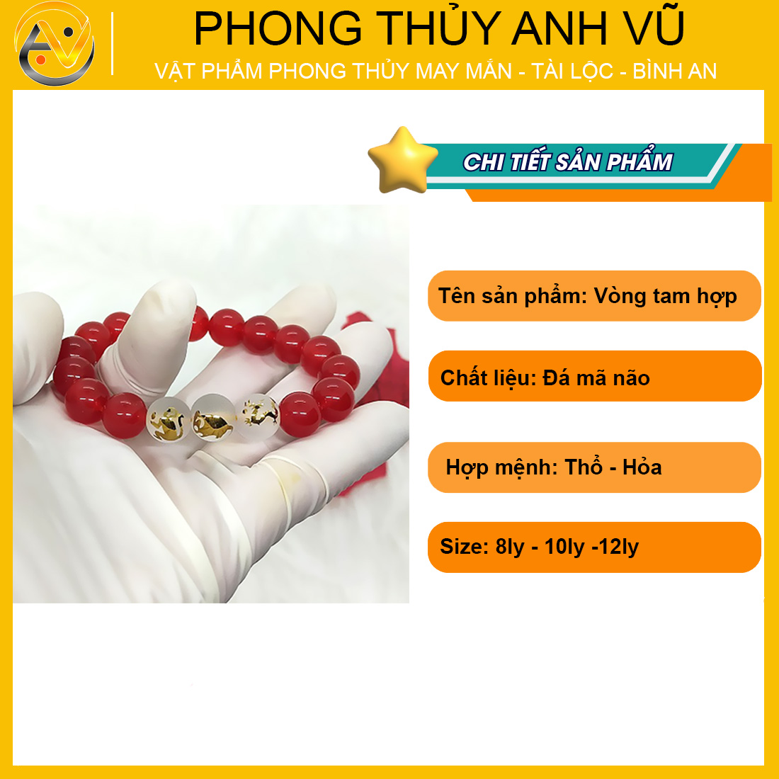 Vòng tam hợp quý nhân thân tý thìn đã khai quang - chất liệu mã não đỏ tự nhiên - size 8 10 12ly - may mắn tài lộc - Vòng Tam Hợp Anh Vũ