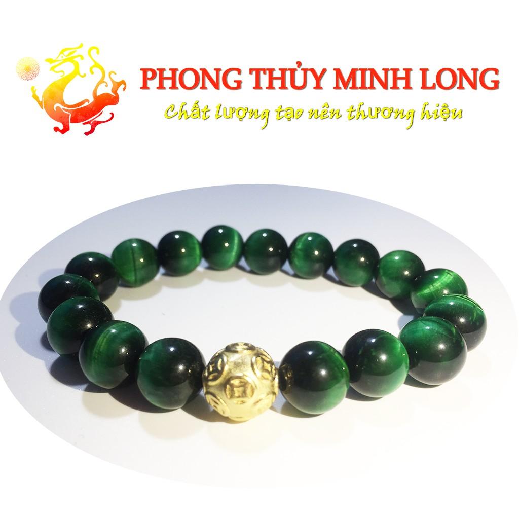 Vòng tay đá Mắt Hổ Xanh Lá chất lượng 5A mix 1 hạt kim tiền Vàng hợp mệnh Mộc và Mệnh Hỏa