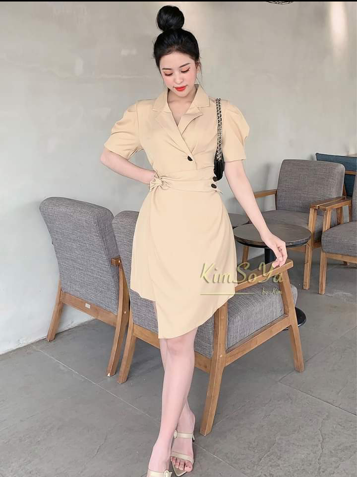 Đầm cao cấp màu nude lật tà cổ sơ mi siêu sang tay nhúng dáng công sở