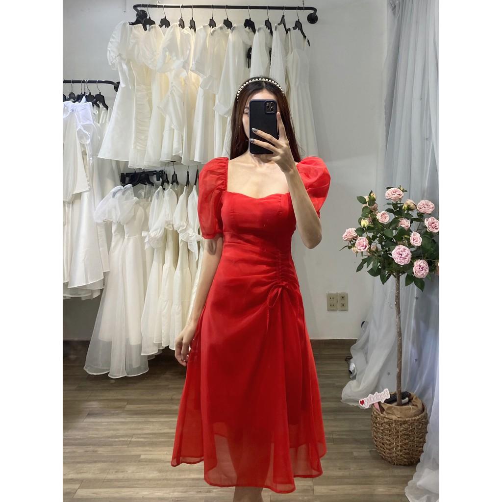 Đầm Dự Tiệc Tay Phồng Rút Dây Hông