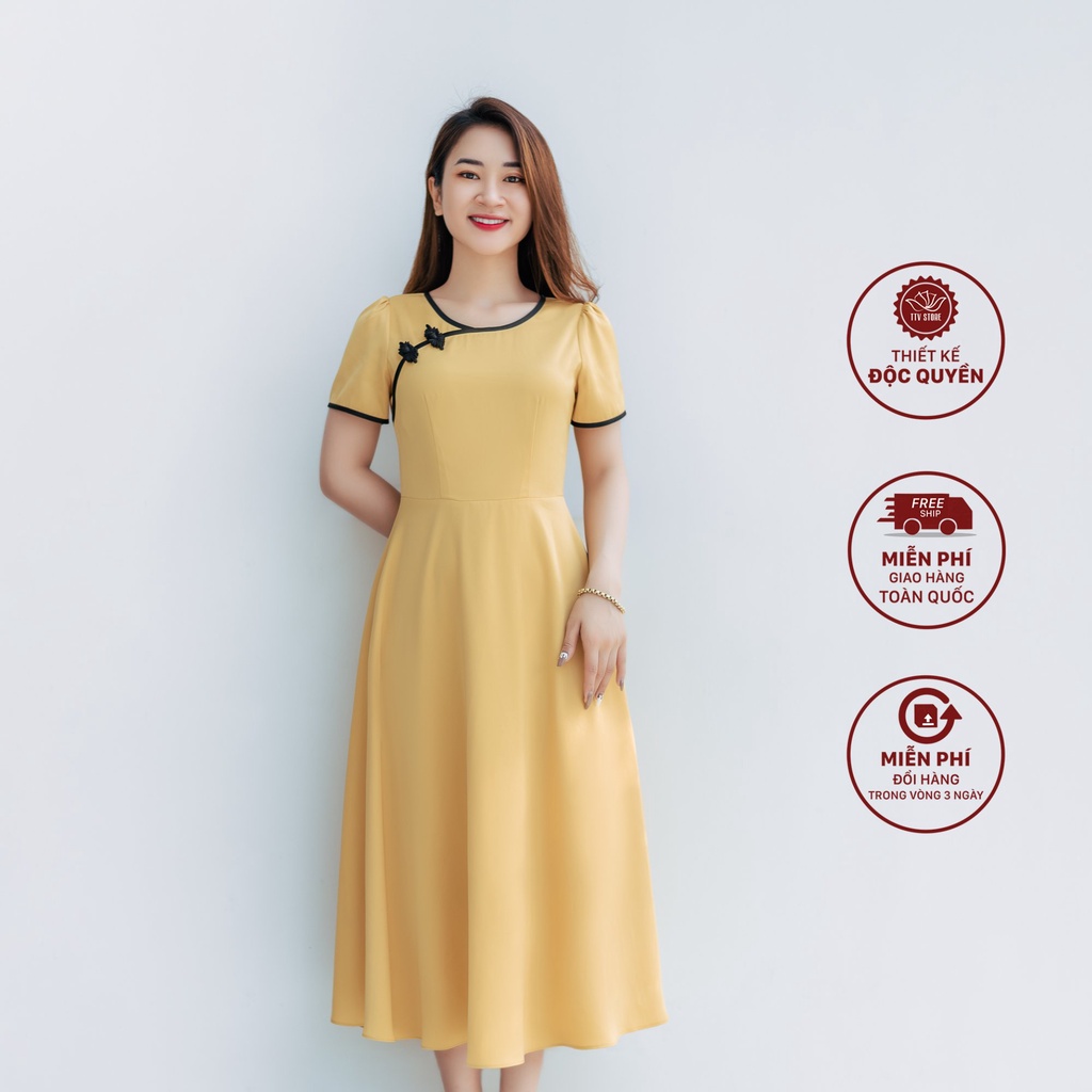 Maxi thời trang trung niên thiết kế Cổ tròn tay ngắn TTV Store TTV1177 Vàng sang trọng