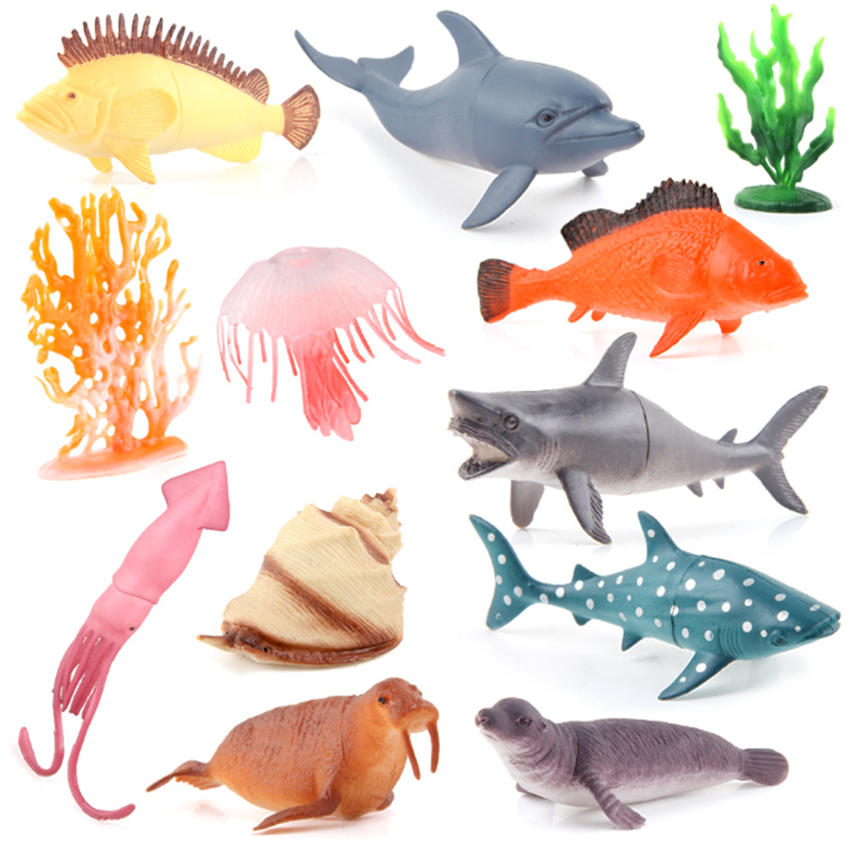 Bộ 12 đồ chơi Cá Biển Ốc Mực Hải Cẩu Cá Mập Cá Heo Ocean World Fish nhựa dẻo 12 chi tiết cho bé mang đi biển, đi tắm hồ bơi