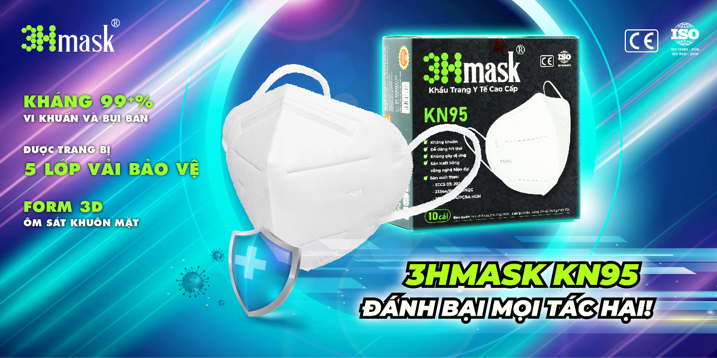 Khẩu Trang Kháng Khuẩn Cao Cấp KN95 3Hmask chống bụi mịn PM2.5, khói mù, bụi bẩn, vi khuẩn... tiêu chuẩn quốc tế (Hộp 10 cái)