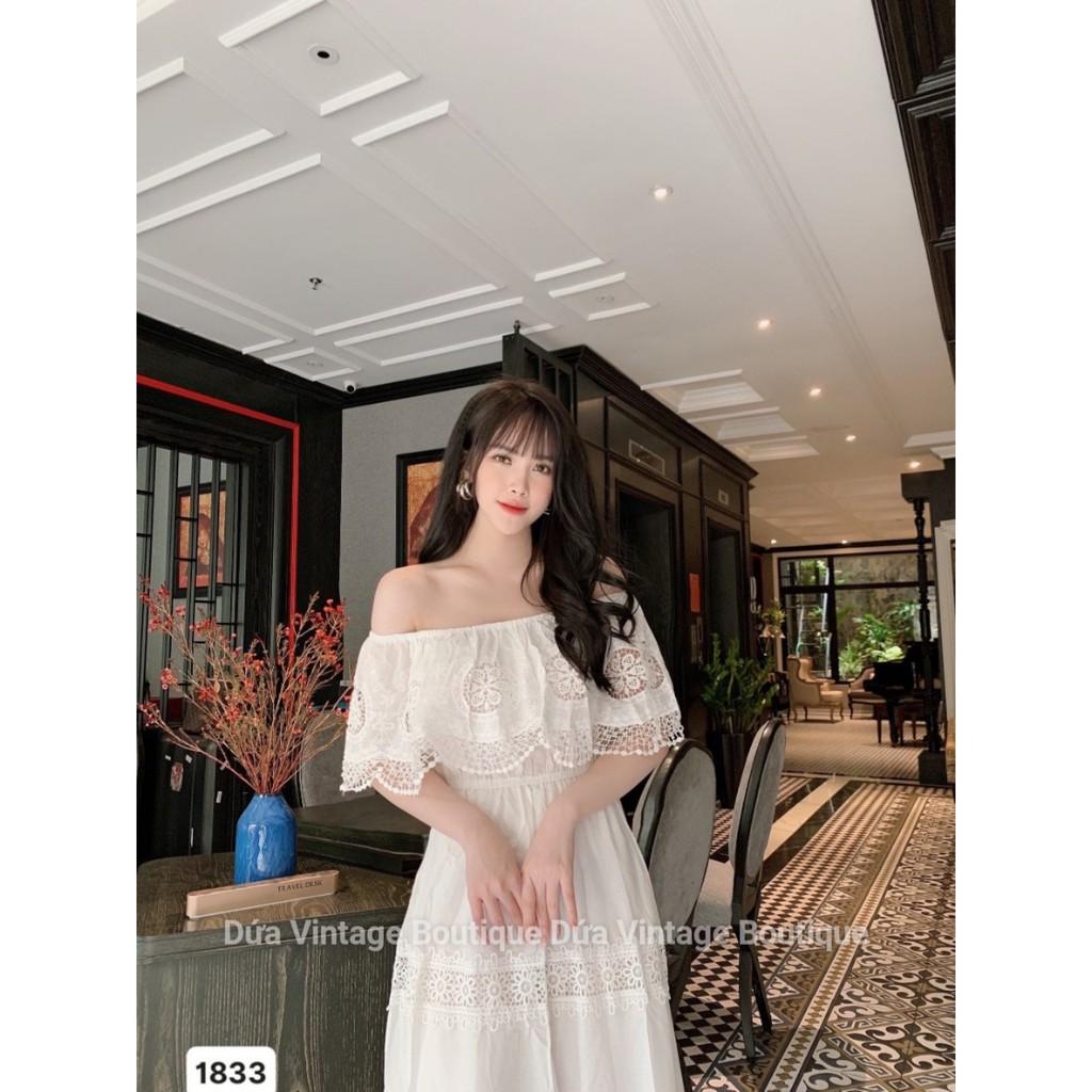 Đầm maxi trắng trễ vai hoa tròn cao cấp - 1833