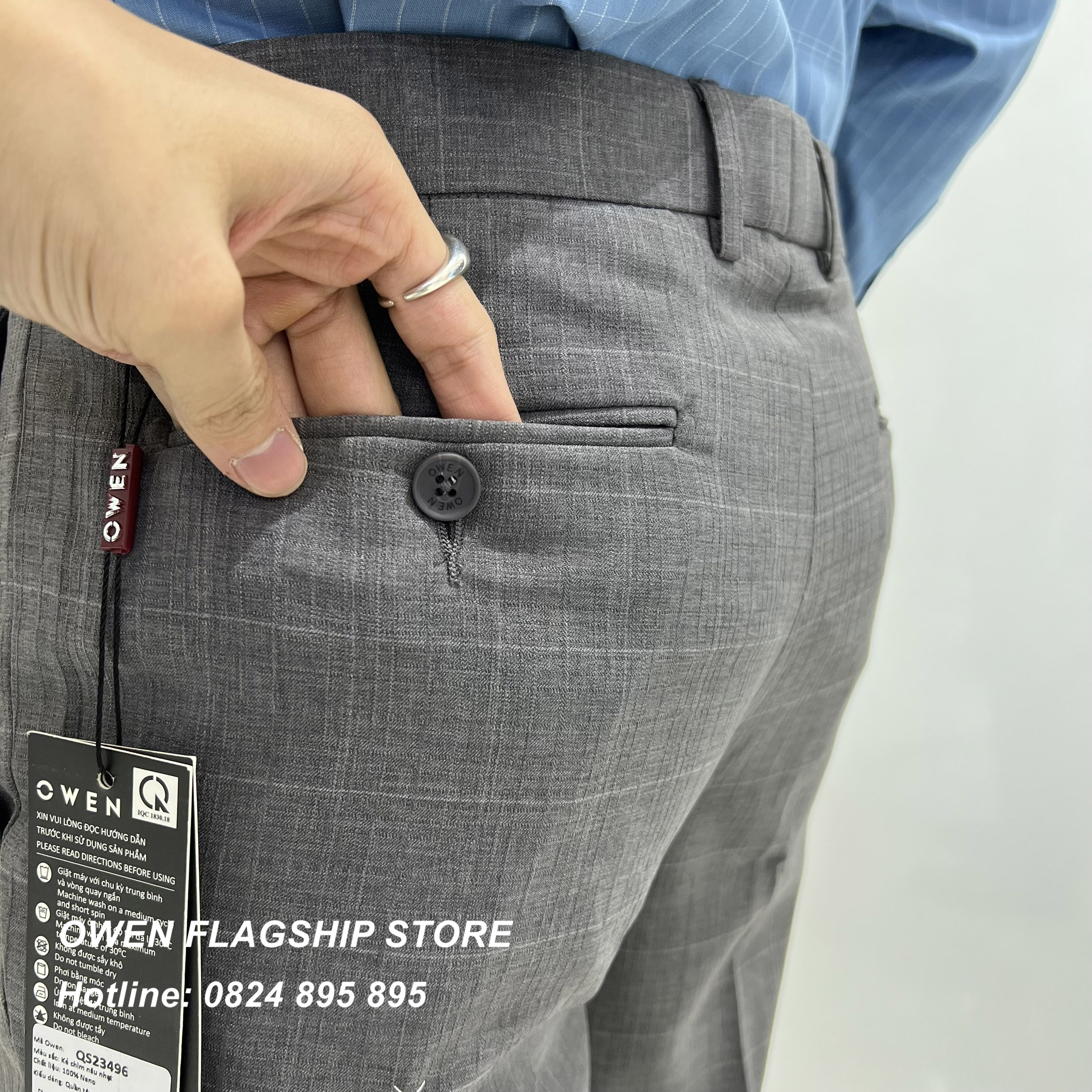 OWEN - Quần âu nam công sở dáng SLIMFIT sợi NANO mã QS23496 màu Xám kẻ caro