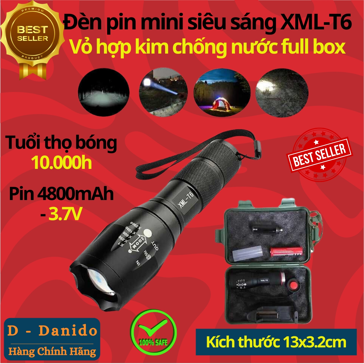 Đèn Pin Mini Siêu Sáng XML-T6 Vỏ Hợp Kim Nhôm Cao Cấp - Chính Hãng D Danido