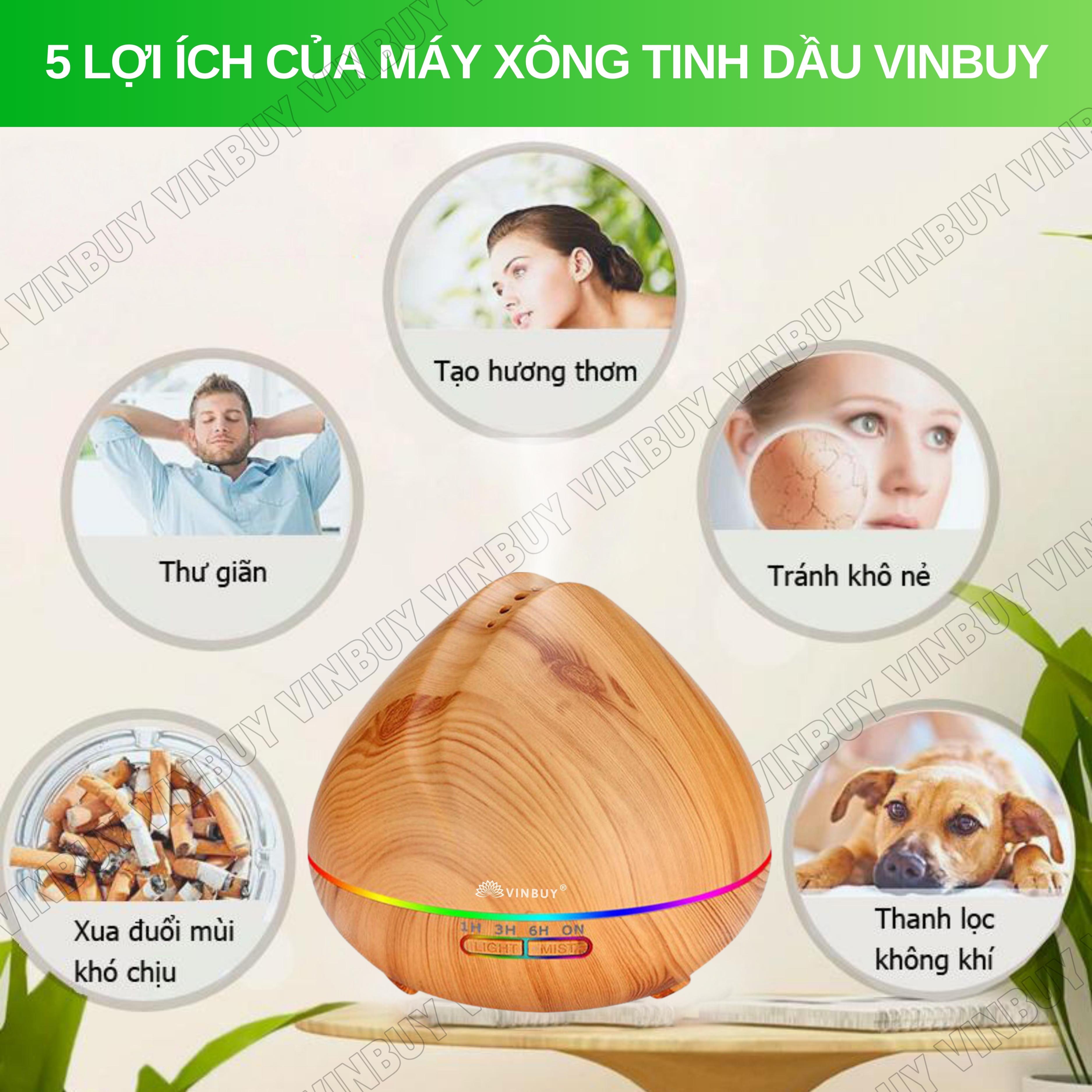 Máy xông tinh dầu VINBUY búp sen, máy khuếch tán phun sương tạo ẩm, máy xông tinh dầu phòng ngủ, spa, nhà hàng, dung tích lớn led 07 màu - Hàng chính hãng