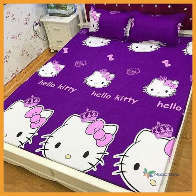 Bộ ga gối poly cotton m6, m8 mẫu Hello Kitty tím