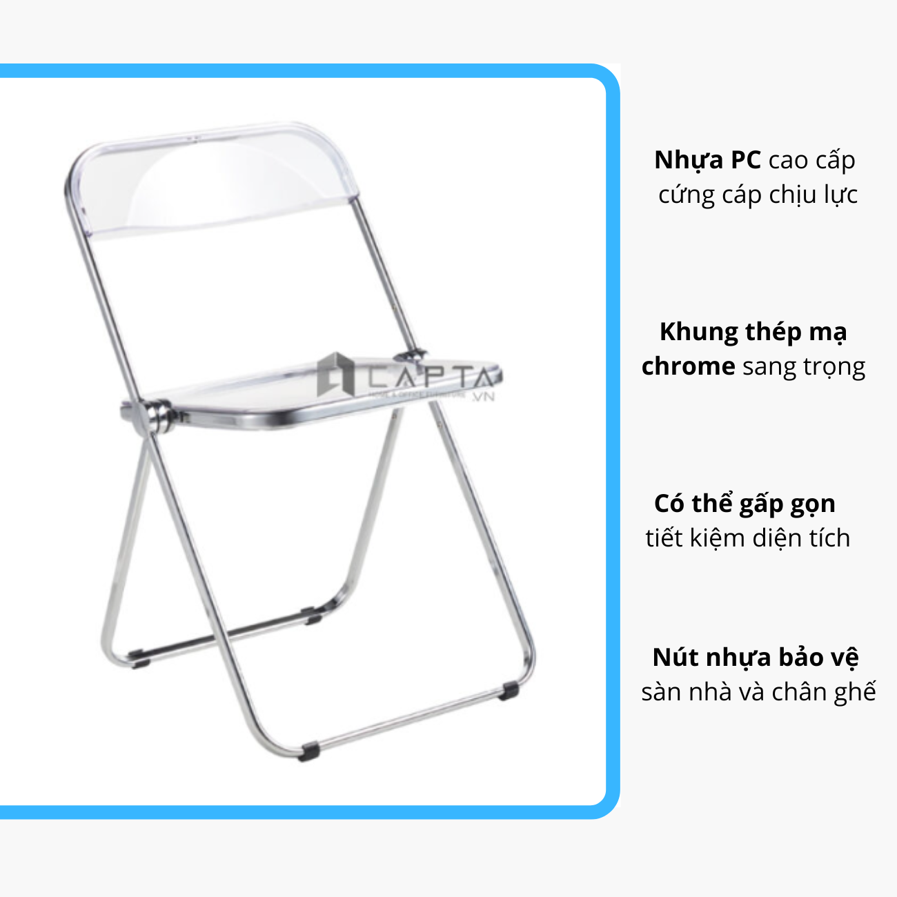 Ghế nhựa trong suốt gấp gọn Ghế Acrylic khung thép mạ cao cấp Ghế decor chụp hình đẹp Folding chairs CT3618-S