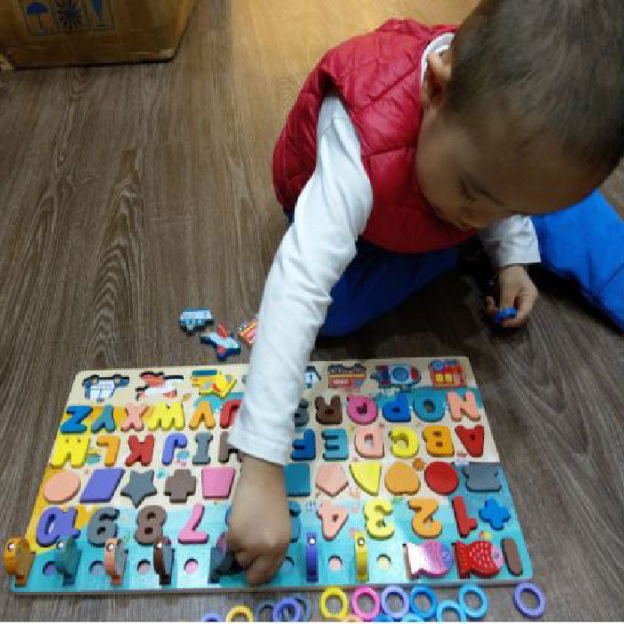 Bộ đồ chơi gỗ 6 trong 1 giúp bé học chữ cái, số đếm, ghép hình đồ chơi phương tiện giao thông kèm thả vòng câu cá cho bé