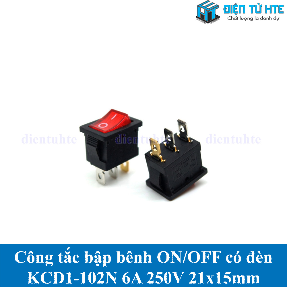 Bộ 2 Công tắc bập bênh KCD1-102N 3 chân 6A 250V 21x15mm có đèn - Đỏ