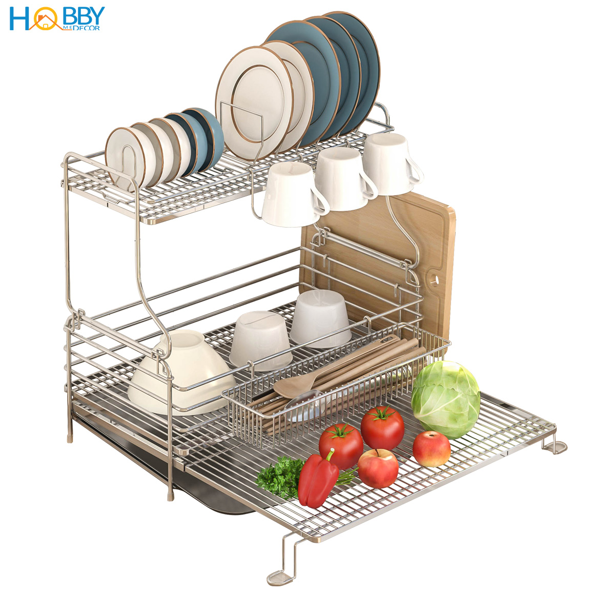 Kệ chén 2 tầng đa năng co giãn inox 304 cao cấp Hobby home decor KC5