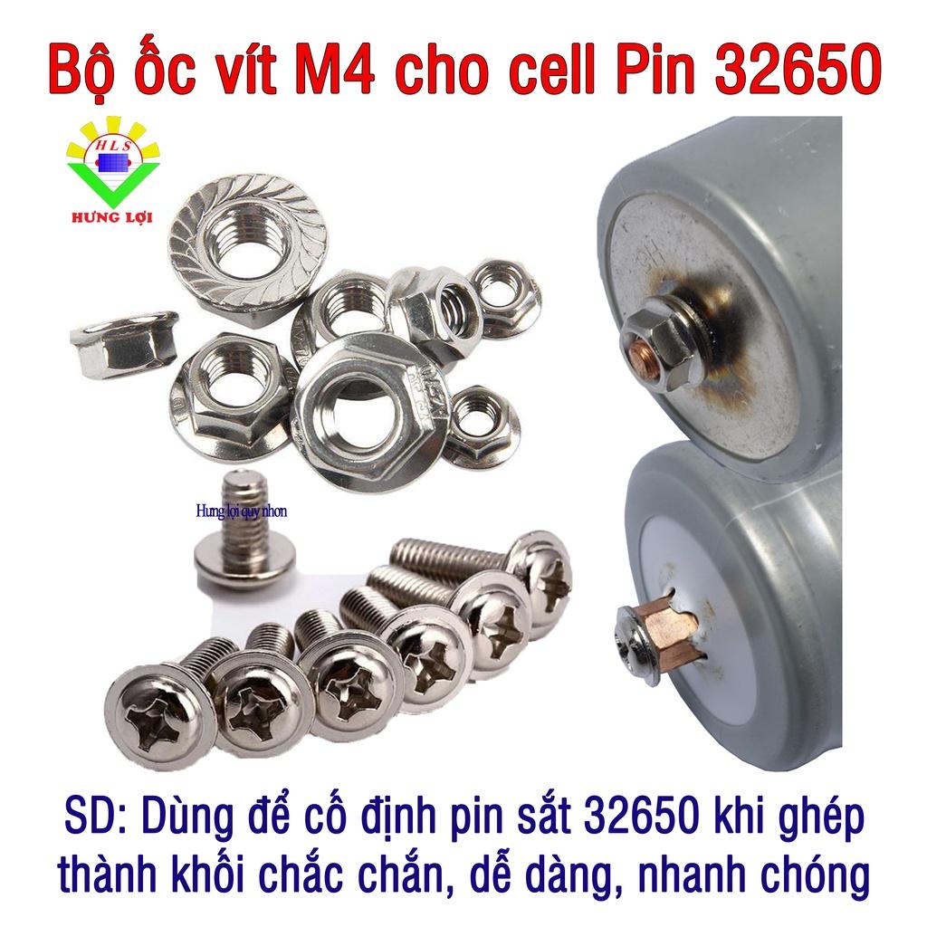 Bộ ốc vít M4 cho Pin sắt LifePO4 32650 hàng cao cấp không rỉ, có chặn ren (10 cặp đôi)