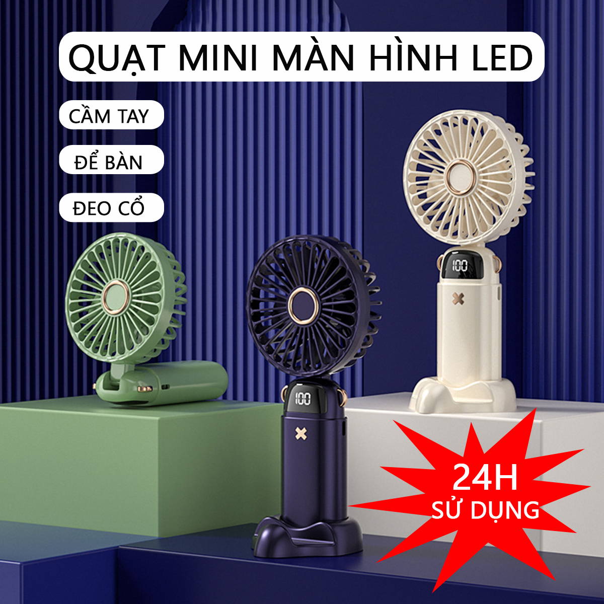 Quạt Mini Cầm Tay Du Lịch Có Màn Hình LED Sử Dụng Đến 24 Tiếng (Nhiều màu)