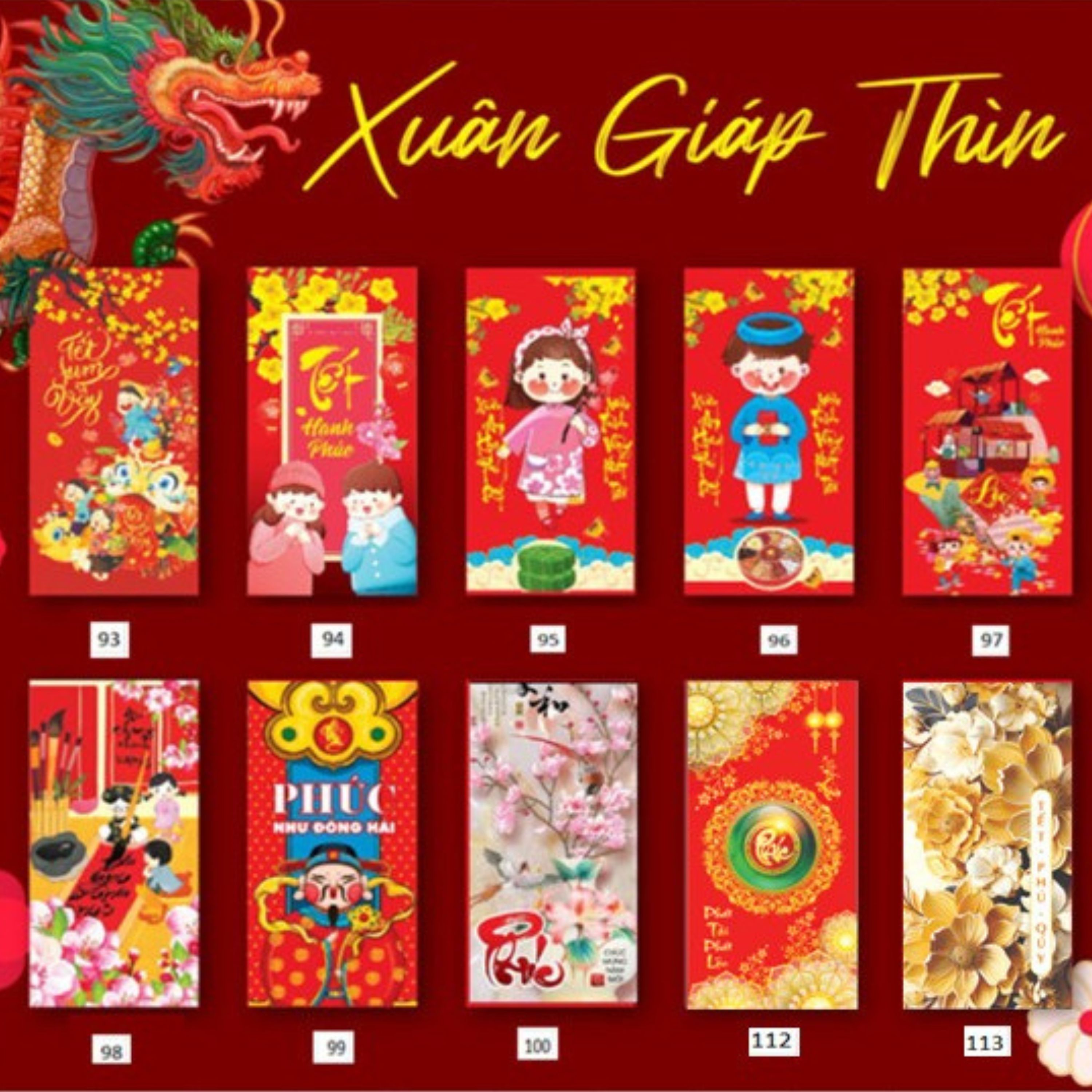 Set 10 Bao Lì Xì Tết 2024 Giáp Thìn Túi Đựng Tiền Mừng Tuổi 12 Con Giáp Xuân Mú Lân Áo Dài Truyền Thống Legaxi