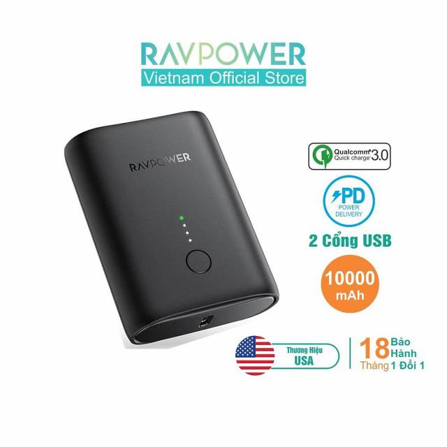 Pin Sạc Dự Phòng RAVPower RP-PB194, PIN 10.000mAh Sạc Nhanh PD18w +QC 3.0- Hàng Nhập Khẩu