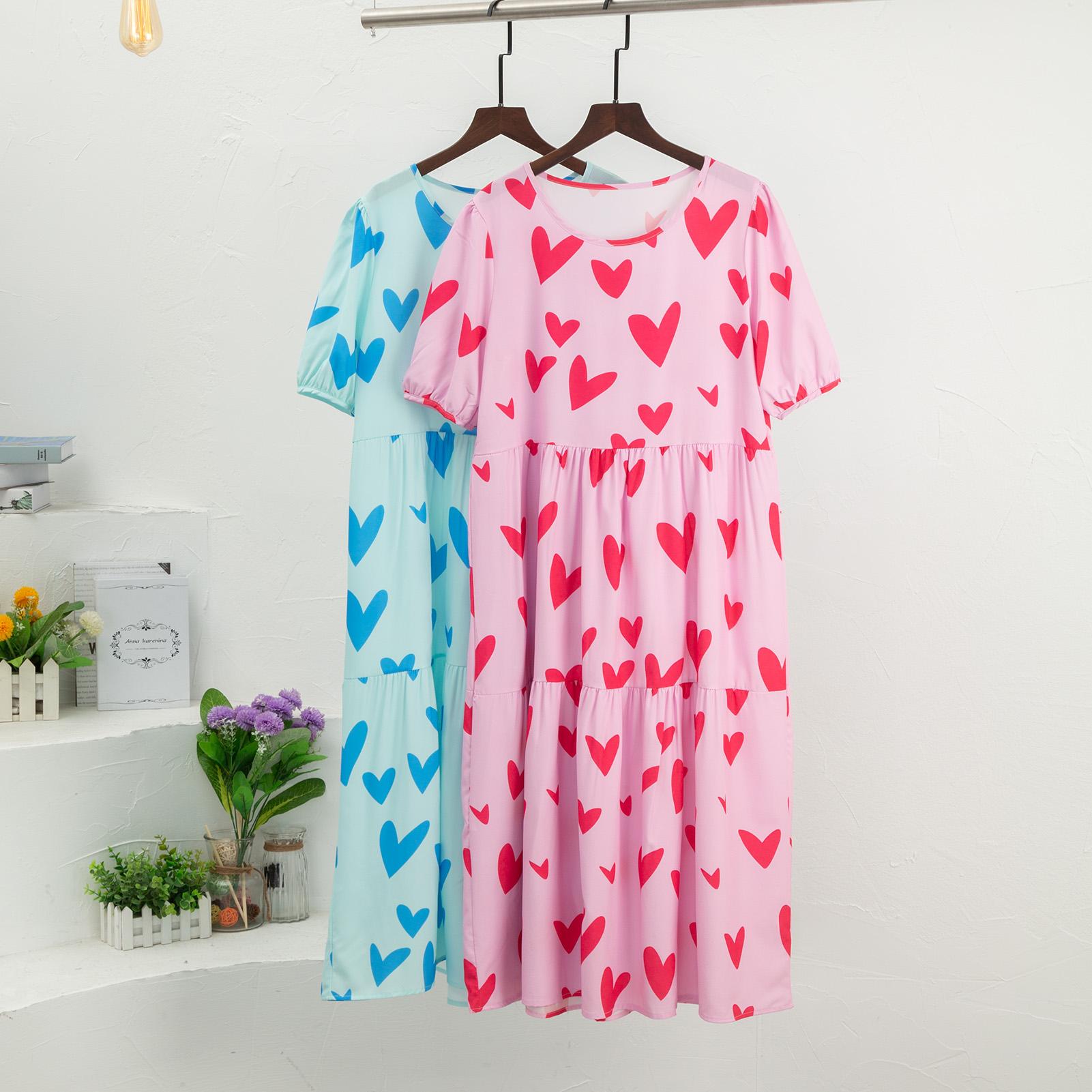 Women Midi Dress Heart Print O Neck Puff Sleeves Summer Loose Bohemian Long Dress for Beach Holiday