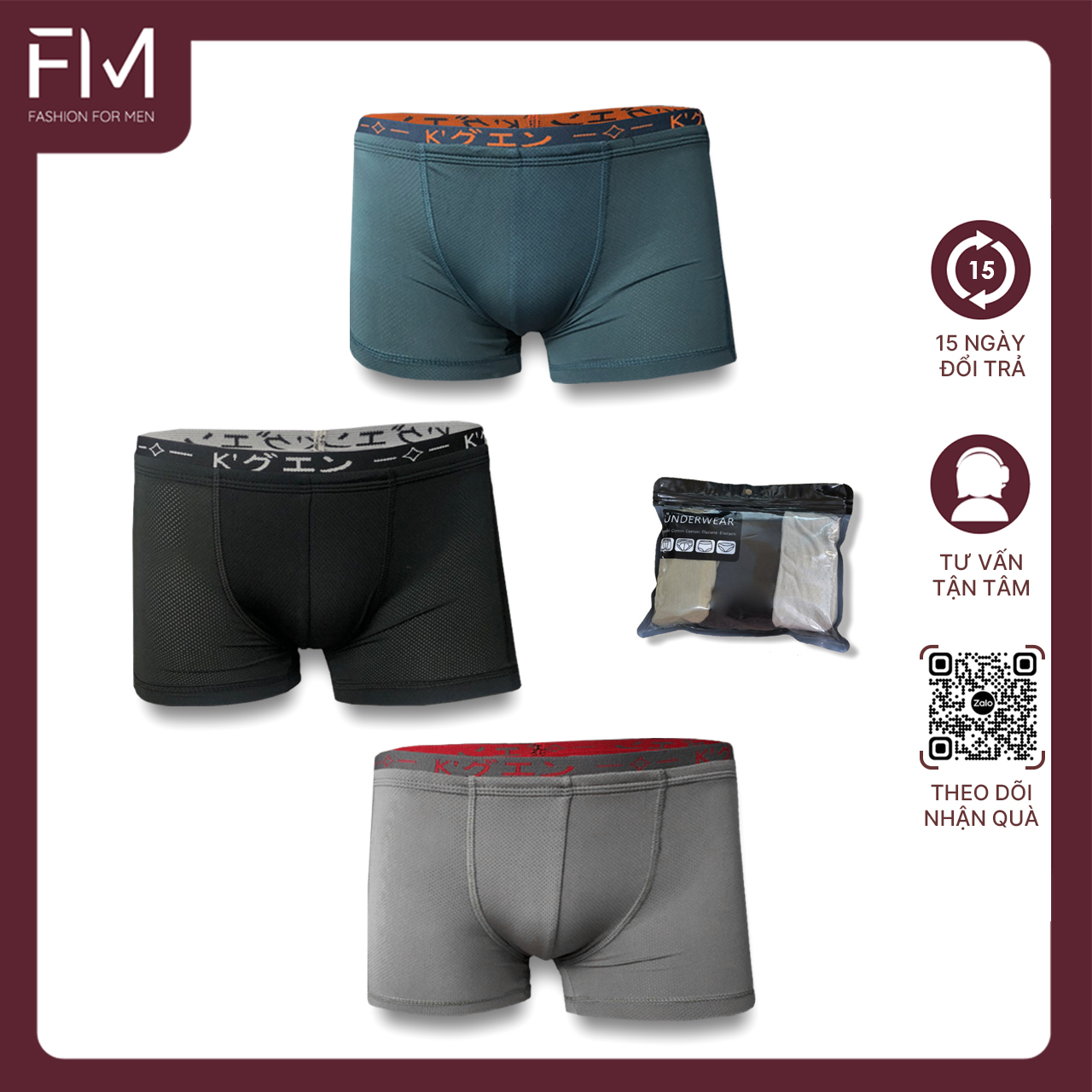 Combo 3 quần lót boxer nam, sịp đùi dạng lưới thông hơi thoáng mát - FORMEN SHOP - FMCB3QS020