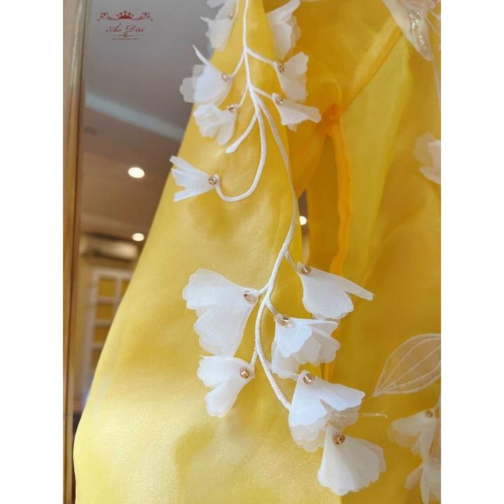 Áo dài cách tân 4 tà màu vàng in hoa 3D nổi siêu đẹp ms13