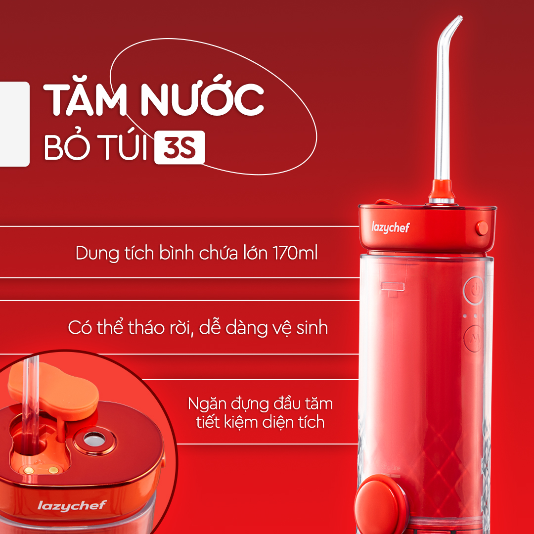 Máy tăm nước cầm tay Lazychef 3s chính hãng - chống thấm nước tối ưu, làm sạch bằng sóng siêu âm, khắc tên cá nhân - Hàng Chính hãng, Bảo hành 12 tháng