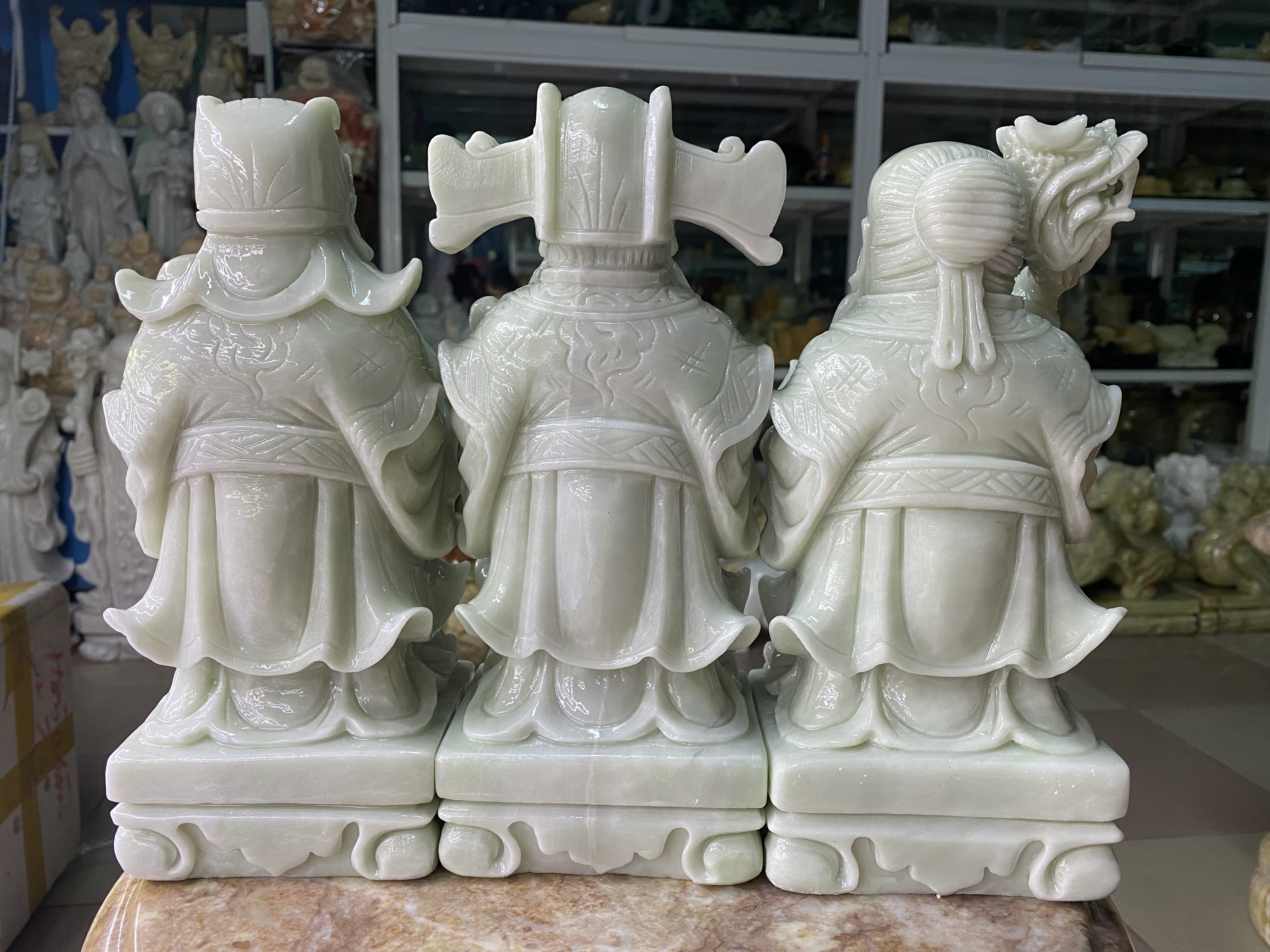 Bộ Tượng Tam Đa Đá Cẩm Thạch Trắng Xanh - cao 25cm