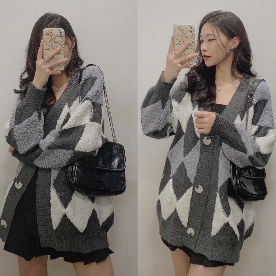 Áo Cardigan Len Chất Dày Họa Tiết Trám Ziczac Nổi Siêu Xinh