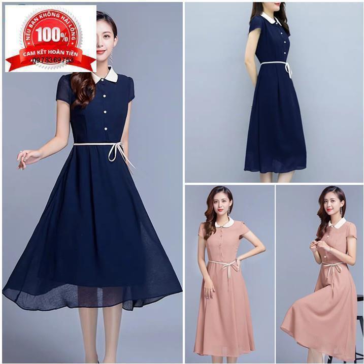 Đầm Dự Tiệc Xoè Nhẹ Tay Ngắn Phối Cổ Thắt Dây Eo
