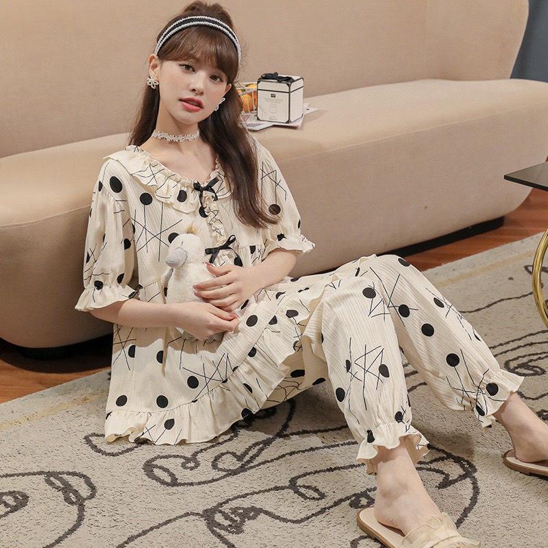 Bô Đồ Ngủ Pyjama Bèo Nơ Tay Ngắn Quần Dài Cotton Mùa Hè