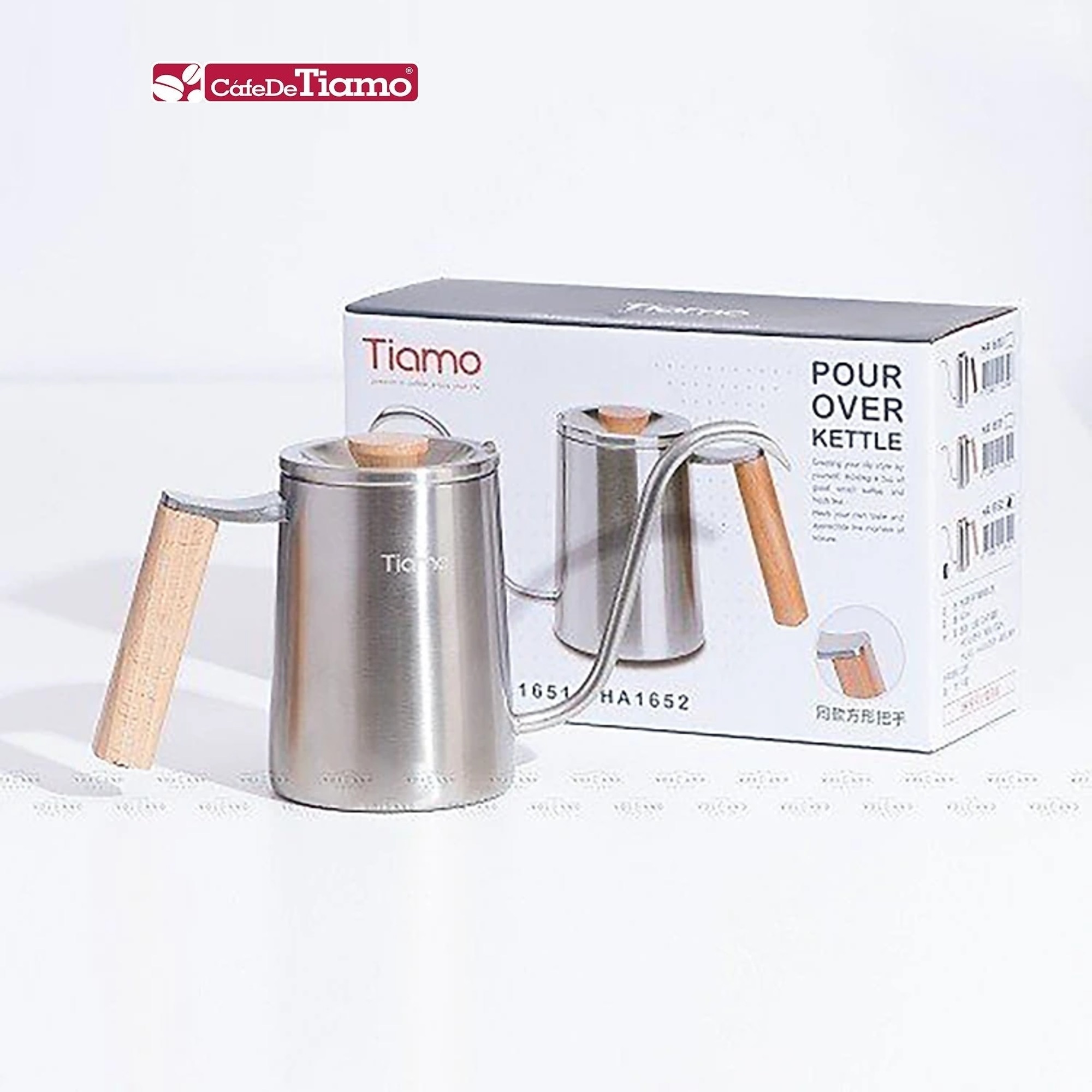 Ấm rót inox 304 tay cầm gỗ vuông pha cà phê tiện lợi Tiamo 600ml