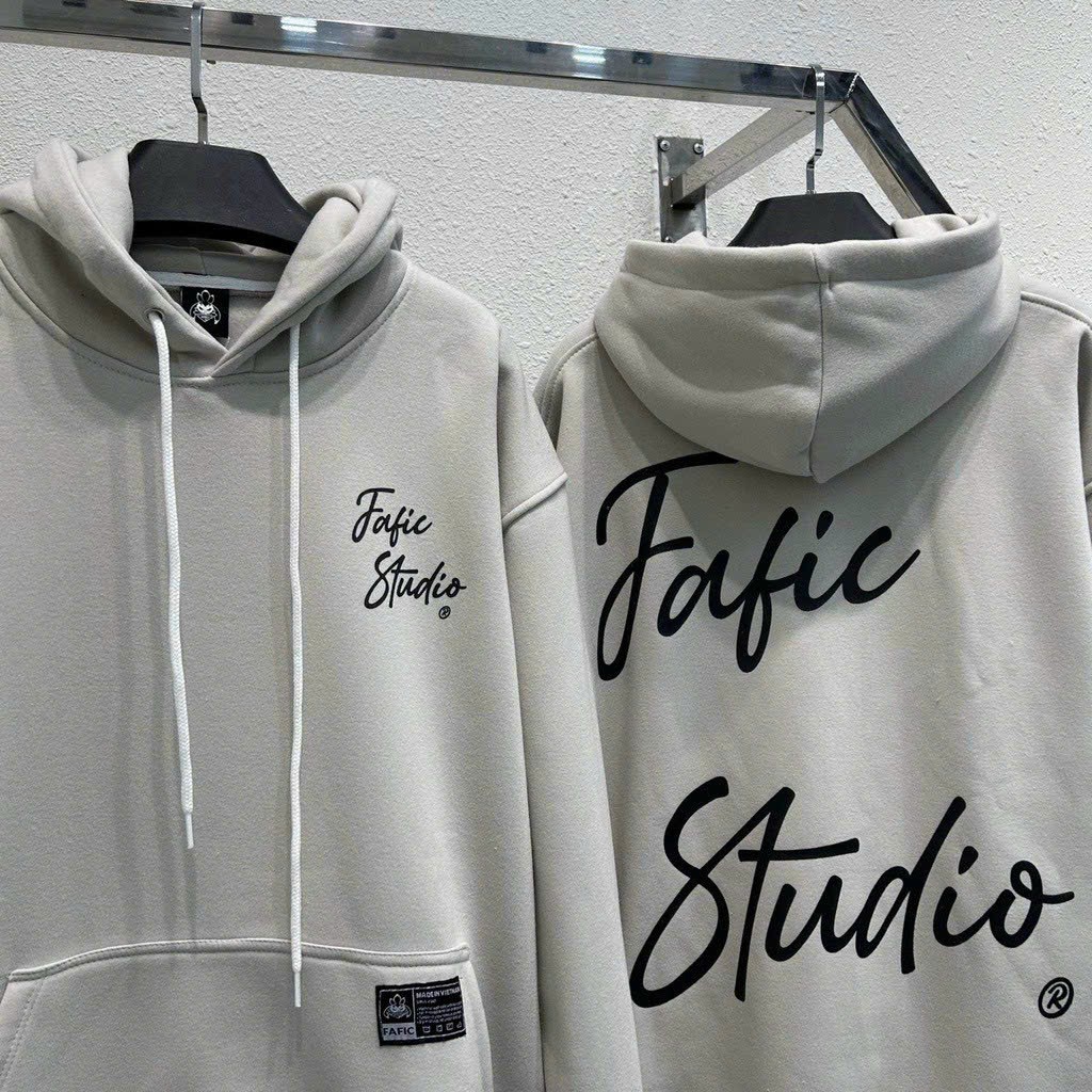 Áo khoác nỉ ngoại in chữ FAFIC STUDIO form rộng dài tay phối mũ 2 lớp trùm qua đầu chống nắng tốt, áo hoodie cặp đôi nam nữ thu đông tết 2024 hottrend phong cách cá tinh