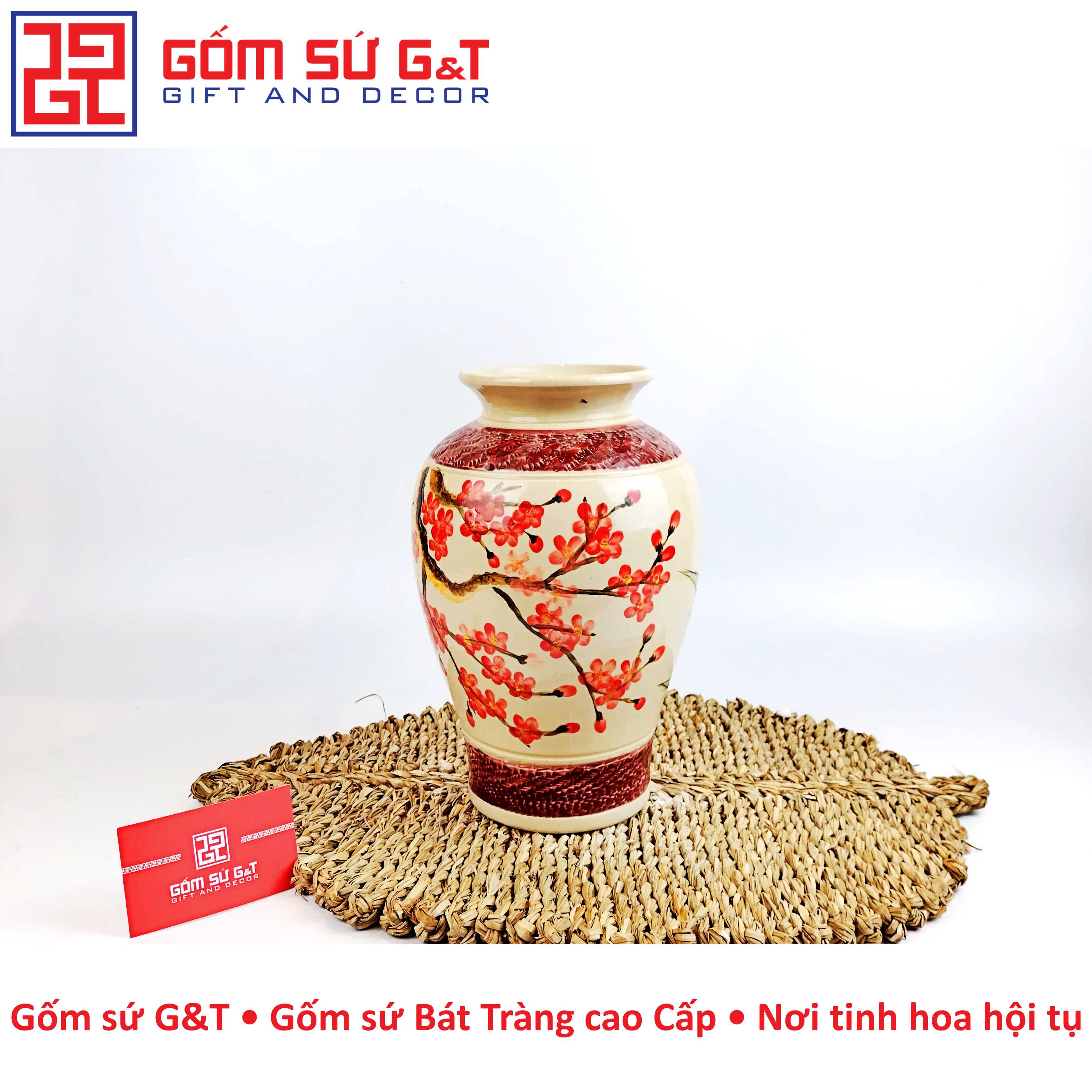 Lọ hoa dáng vò vẽ nhị cảnh trúc đào Gốm Sứ G&amp;T