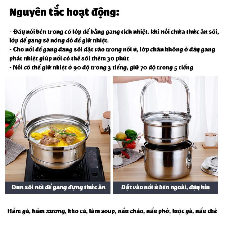 Nồi ủ nhiệt chân không đế gang 9L  kho cá hầm xương luộc gà cho bếp ga bếp từ bếp hồng ngoại