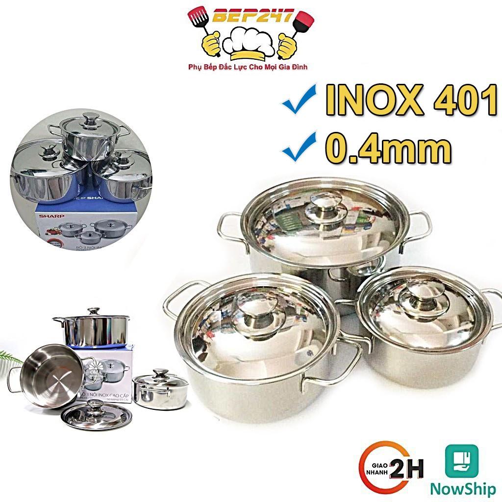 Bộ 3 Nồi Inox Sharp Cho Mọi Loại Bếp, Nồi Đa Năng, Thân Và Nắp Nồi Inox 410 Dày 0.4mm - Bộ Nồi Sharp