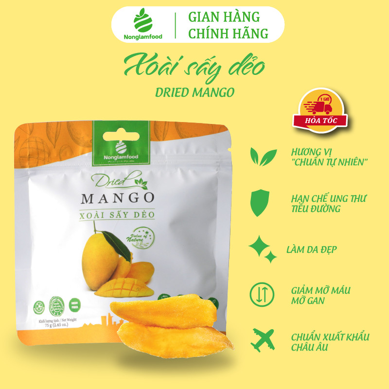 Xoài Sấy Dẻo Nonglamfood túi 75g | Healthy Snack | Ăn vặt văn phòng| Trái cây sấy dẻo dinh dưỡng ăn liền | Ăn vặt giảm cân, giữ dáng, đẹp da