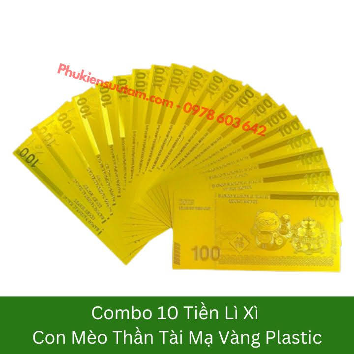 Combo 10 Tờ Lì Xì Con Mèo Thần Tài Mạ Vàng Plastic, kích thước: 15.5cmx7.5cm, màu vàng - SP005905