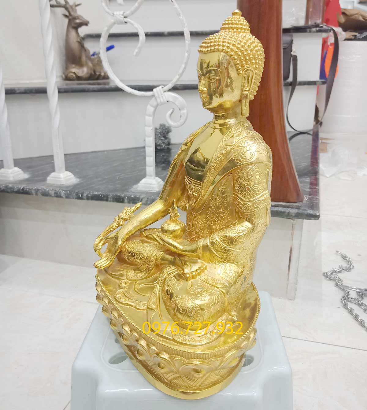 Tượng phật dược sư bằng đồng mạ vàng đài loan cao 29cm, tương phật dược sư
