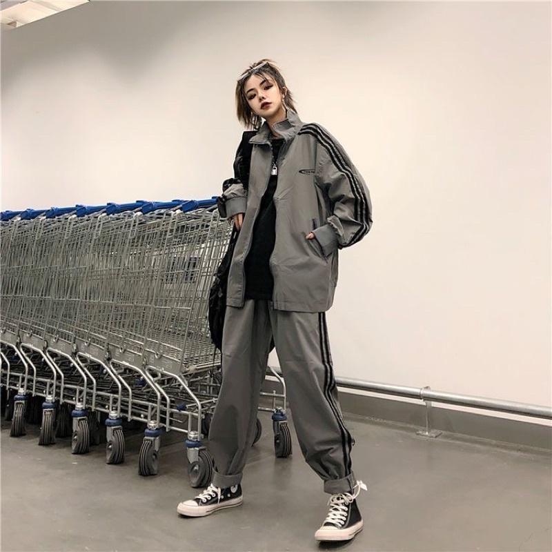 {Hottrend} Bộ Quần Áo Thể Thao 3 Sọc Dáng Rộng Phong Cách Hip Hop Hàn Quốc Thời Trang Thu Đông Cá Tính