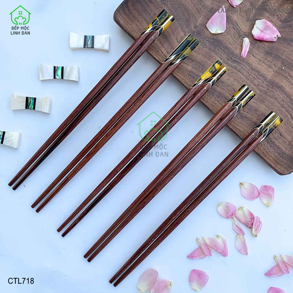 (5 Đôi) Đũa Gỗ Cẩm Lai Tự Nhiên - Đầu Cẩn Thạch Chéo Vân Vàng [CTL718-5]