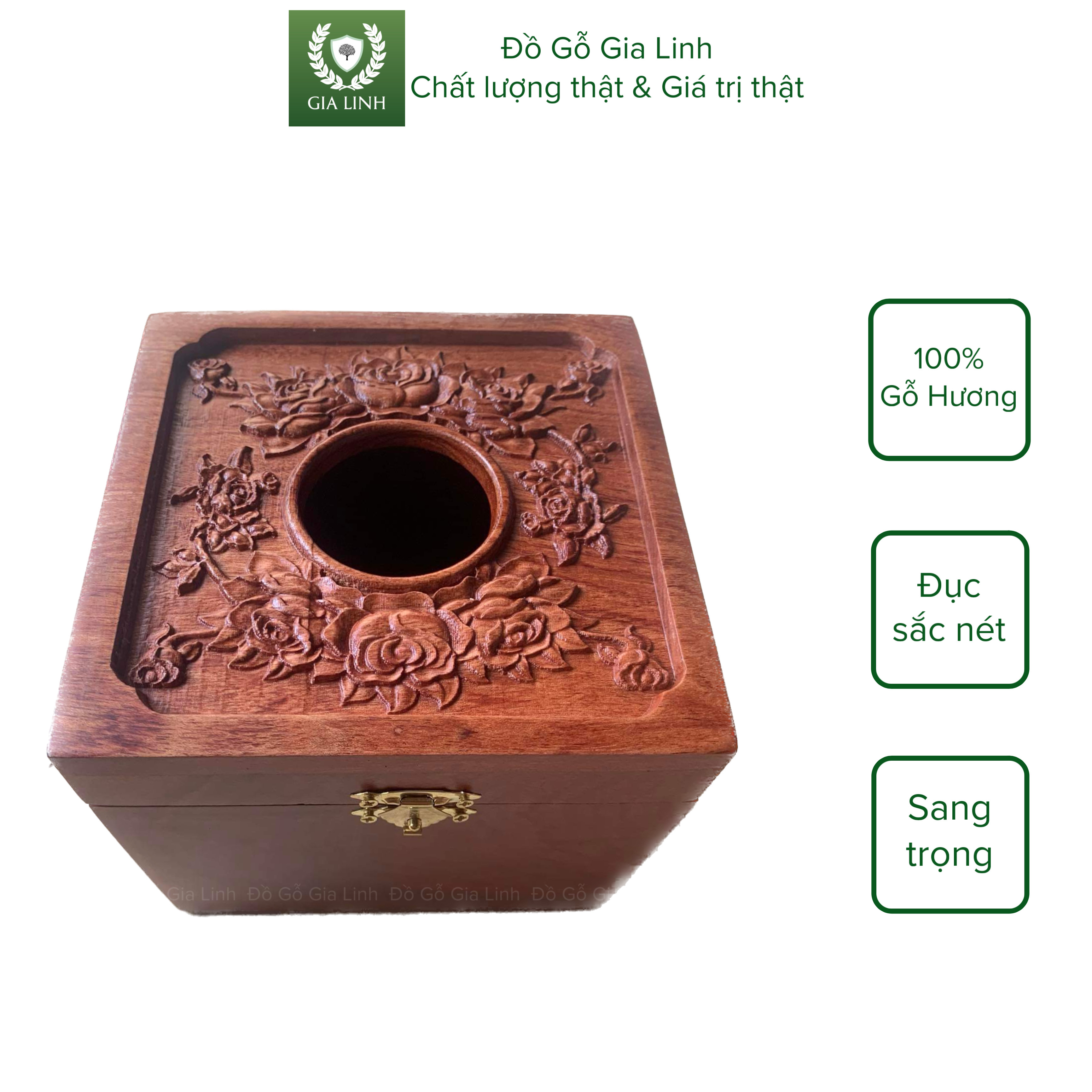 Hộp đựng giấy ăn Hoa hồng leo Đồ Gỗ Gia Linh gỗ Hương đá KT 14cm x 14cm