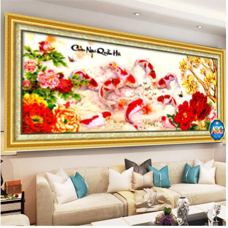 Tranh Đính Đá CÁ CỬU NGƯ QUẦN HỘI. Kích Thước: 1m15 x 50cm - 1m65 x 70cm