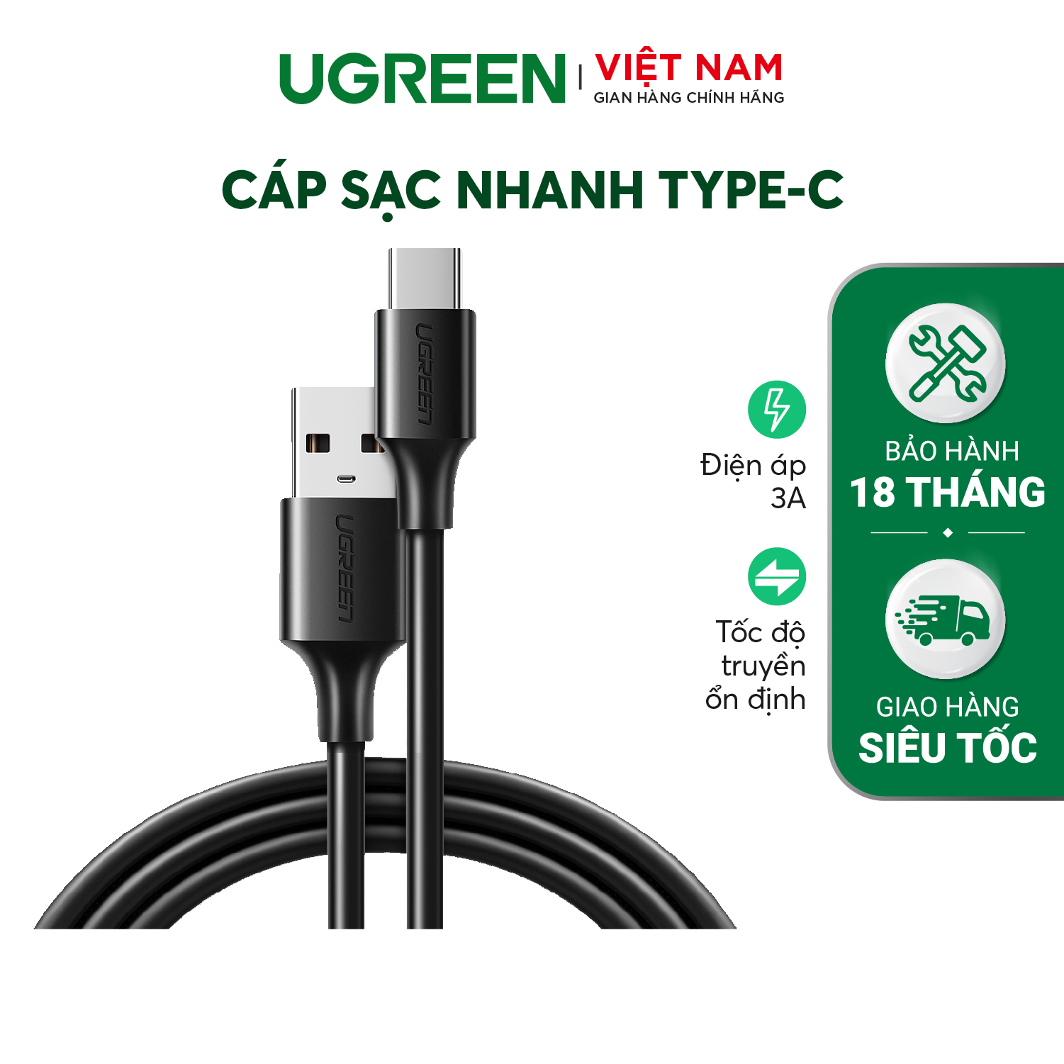 Cáp sạc nhanh UGREEN US287 USB 2.0 sang USB Type-C, điện áp 3A, độ dài từ 0.25m đến 2m - Hàng chính hãng
