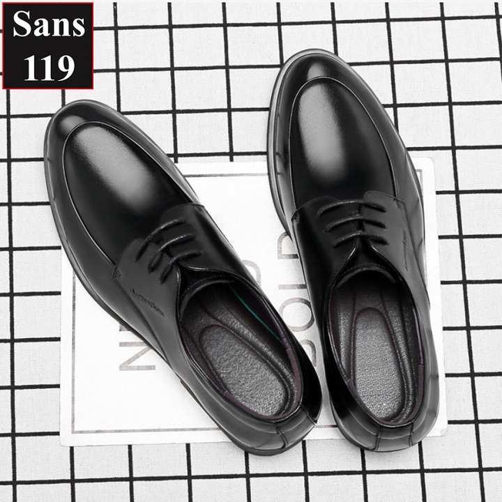 Giày tăng chiều cao nam da bò Sans119 độn đế 8cm công sở cao cấp buộc dây tây đen chú rể mặc vest size nhỏ 37 38 mũi tròn