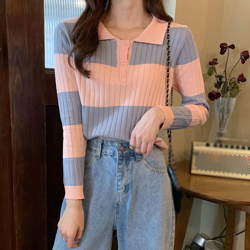Áo Sweater Dệt Kim Tay Dài Phối Màu Tương Phản Dễ Phối Đồ Cho Nữ