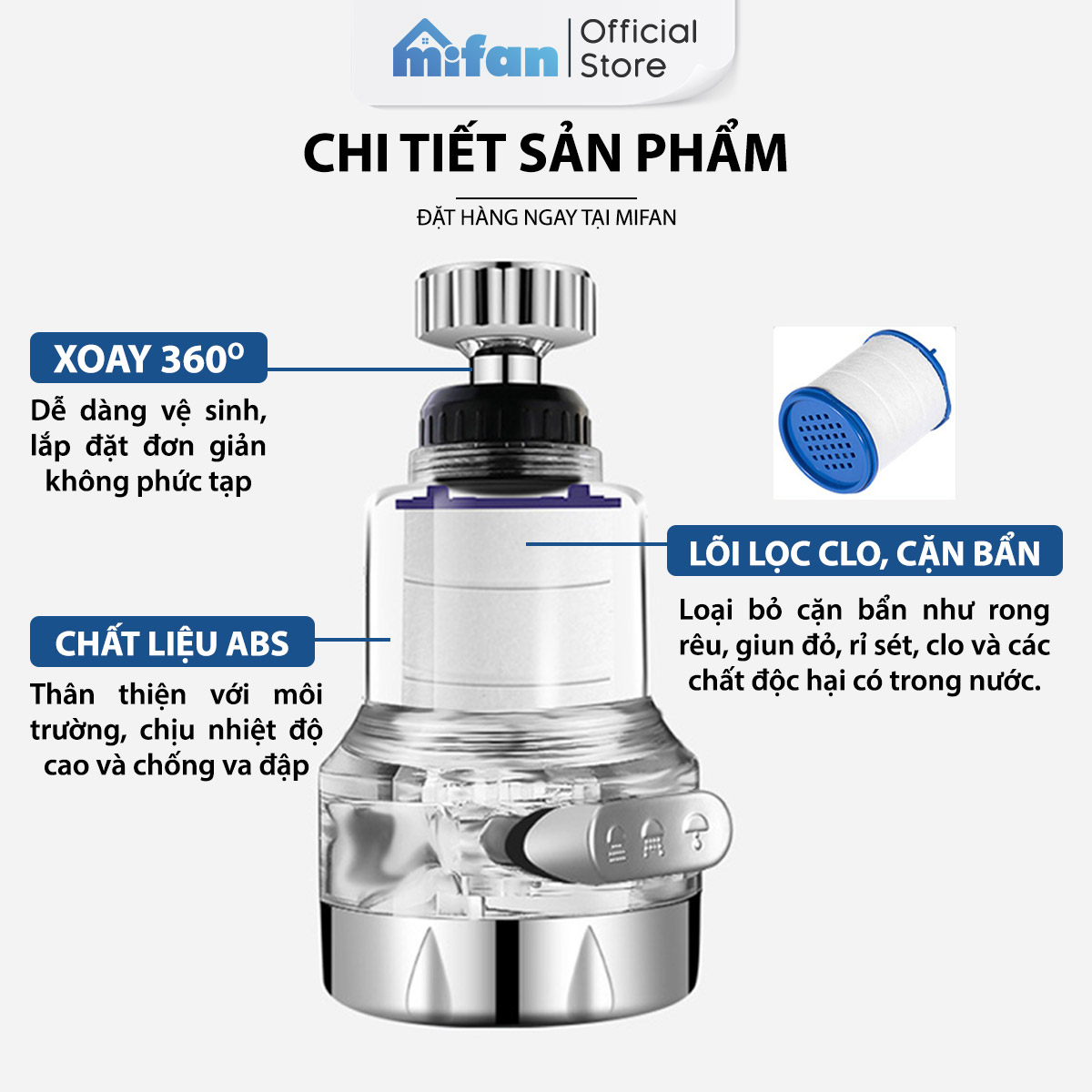 Đầu vòi rửa bát tăng áp lọc nước 3 chế độ phun Mifan - Lõi PP loại bỏ cặn bẩn, clo, màu và mùi, cổ xoay 360 bồn rửa chén